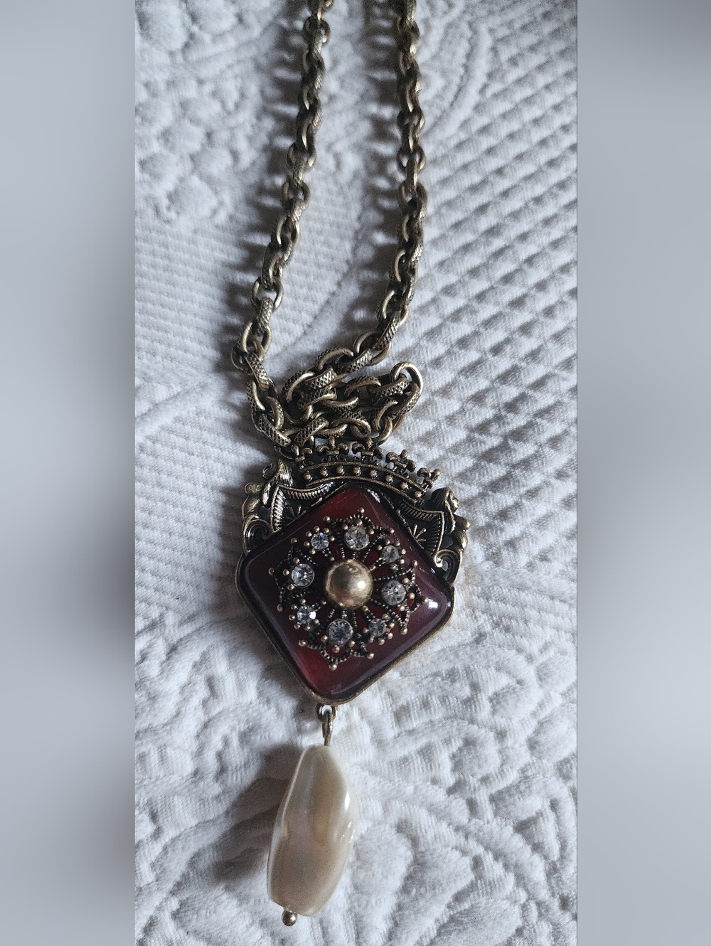 Chico's Gold-Tone Necklace with Burgundy Enamel and Pearl Drop